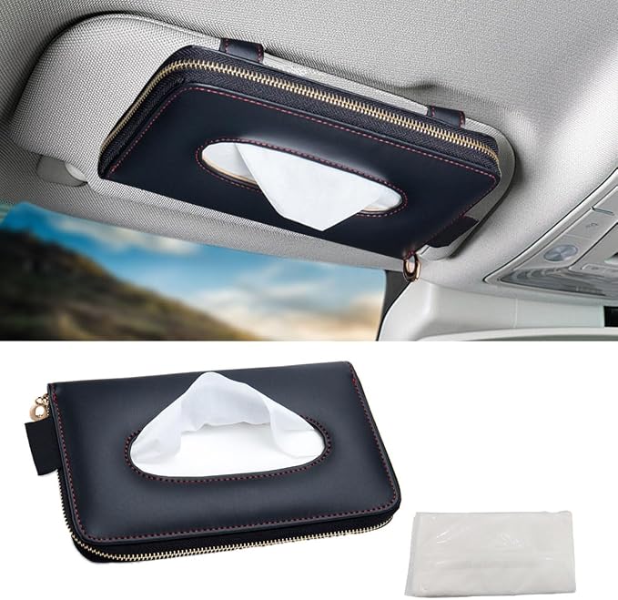 Car Tissue Holder, Sun Visor Box, Backseat Paper Carton, Leather Napkin Case, Universal Hanging Towel Clip for SUV, RV, Truck (Black)