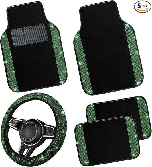 NBTEPEM Bling Car Floor Mats Full Set and Steering Wheel Cover, Universal Fit Most Cars, 4 pcs Sparkle Glitter Diamond Carpet, 5 pcs Bling Car Accessories Set for Women (Green Diamond)