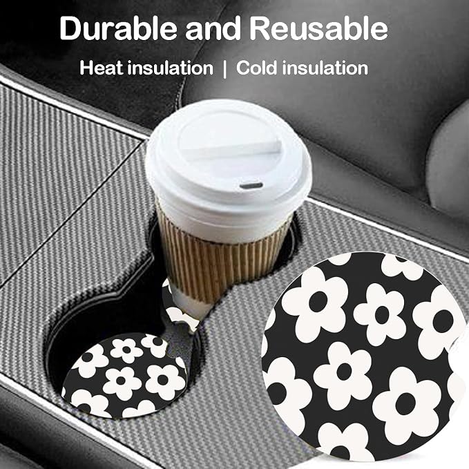 Ceramic Car Coasters – Absorbent Car Cup Holder Coaster Set for Women, Cute Aesthetic Car Accessories for Girls, 2 Pack (Carbon Black)