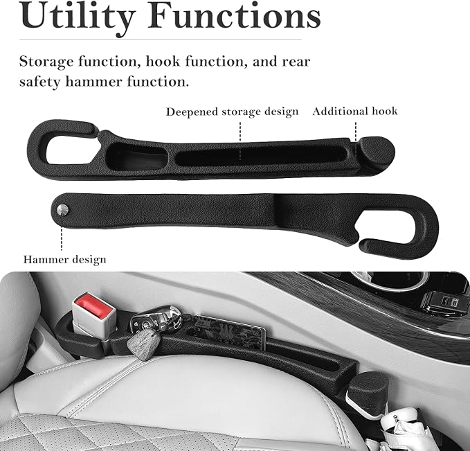 Car Seat Gap Filler with Organizer Hook & Emergency Glass Breaker (2-Pack) | Prevent Small Items & Tools from Falling Ultimate Seat Side Gap Fits Cars, SUVs, Trucks & Sedans