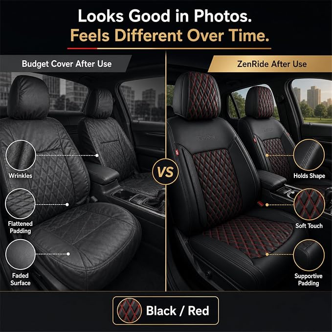 Black and Red Thick Nappa Leather Automotive Front Car Seat Covers Set of 2 | Univerasal Precision Fit,3D Contoured,Waterproof,ThickTexture Nappa Leather,for most Suvs Trucks Sedans