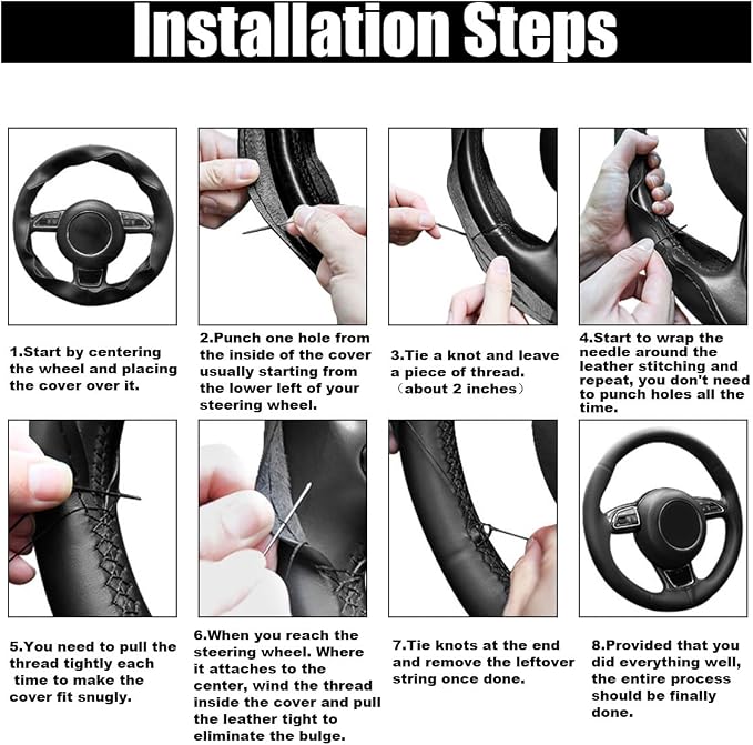 Car Genuine Leather Steering Wheel Cover, DIY Sewing with Needle and Thread, Breathable, and Anti-Slip, Universal 15 Inch Car Steering Wheel Stitching Wrap (Beige, Glossy)