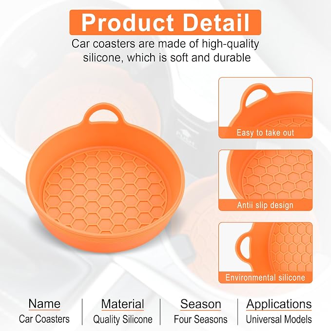 SINGARO Car Cup Holder Coaster, 4PCS Silicone Cup Holder Insert, Universal Non-Slip Cup Holders, Car Interior Accessories for Women and Man, Orange