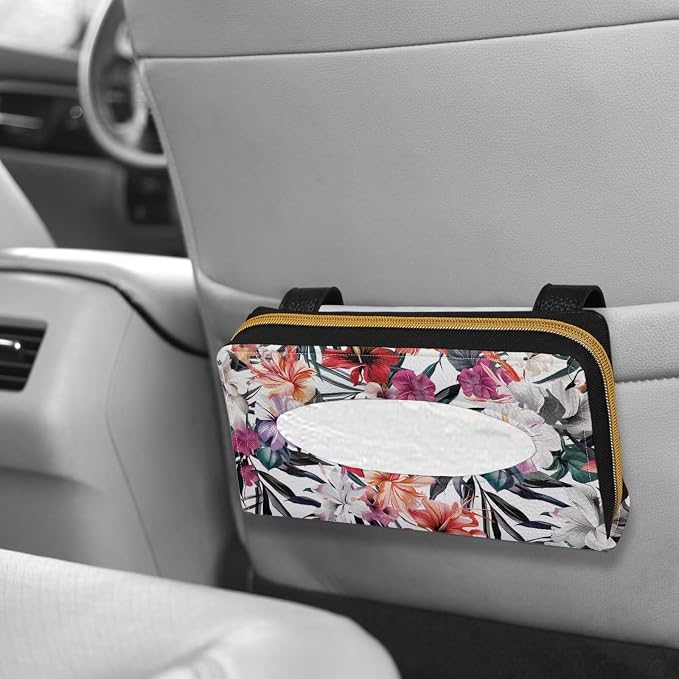 Tropical Floral Car Tissue Box Sun Visor Napkin Holder PU Leather Tissues Box Cover Universal Car Tissue Holder for Car Sedans SUV