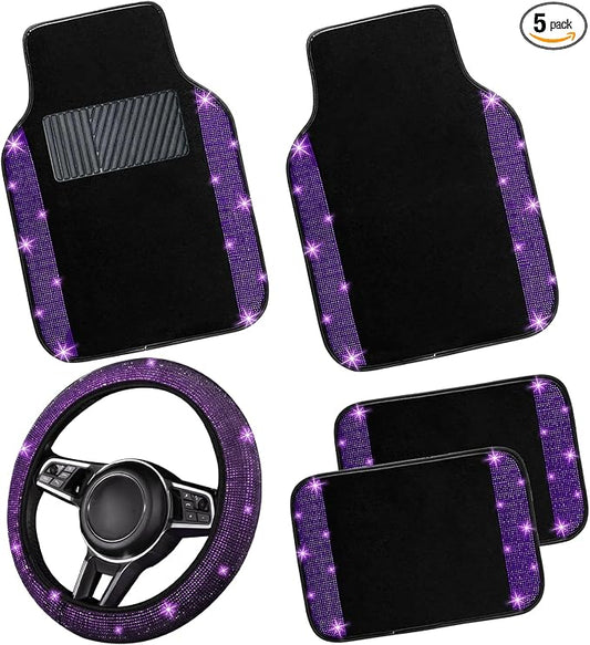 NBTEPEM Bling Car Floor Mats Full Set and Steering Wheel Cover, Universal Fit Most Cars, 4 pcs Sparkle Glitter Diamond Carpet, 5 pcs Bling Car Accessories Set for Women (Purple Violet Diamond)