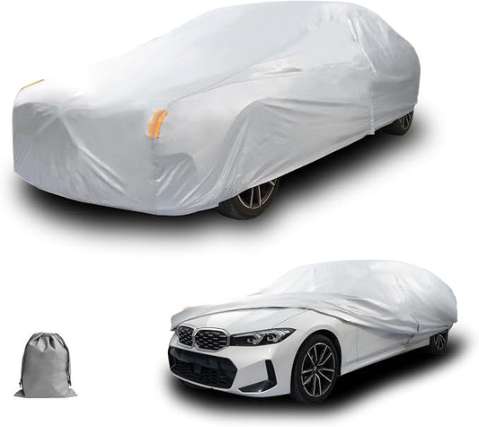 Caromop 10-Layer Waterproof Car Cover All Weather Protection (Snow, Rain, Sun) with Secure Fit Straps and Easy On/Off Zipper-Size C4 (See Size-Chart)
