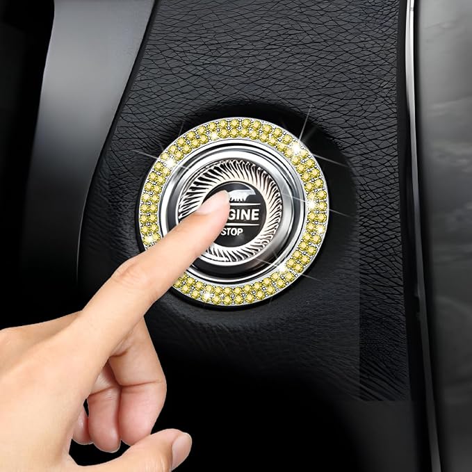 Bling Car Engine Start Ring Decals, 2PCS Sparkling Crystal Rhinestone Vehicle Push to Start Button Sticker, Diamond Auto Key Ignition Knob Decorative Ring, Universal for Vehicles (Yellow)