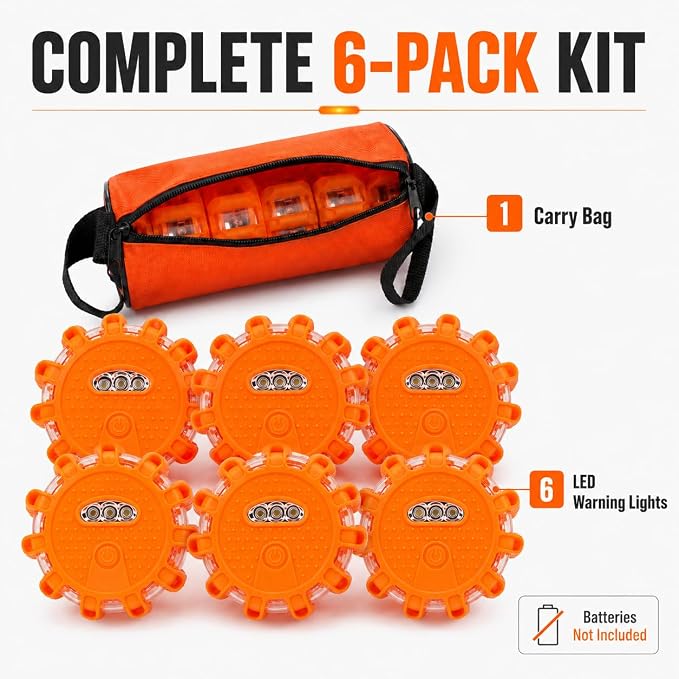 HYUWMXPY 6 Pack LED Road Flares, Emergency Warning Lights with 9 Flash Modes, Magnetic Base and Hook, Waterproof Crush-Resistant Safety Beacons for Car Truck Boat, Batteries Not Included