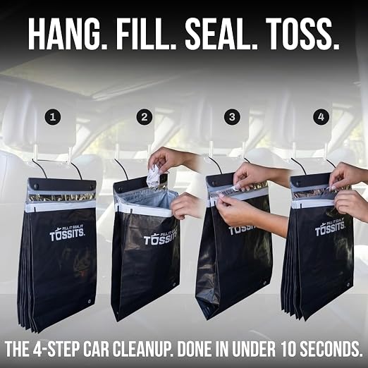 Tossits Recycled Disposable Car Trash Bags – Leakproof, Smell Proof Hanging Garbage Bags for Car, Truck, SUV, RV & Vehicle – Black, 21 Count Disposable Automotive Trash Bags