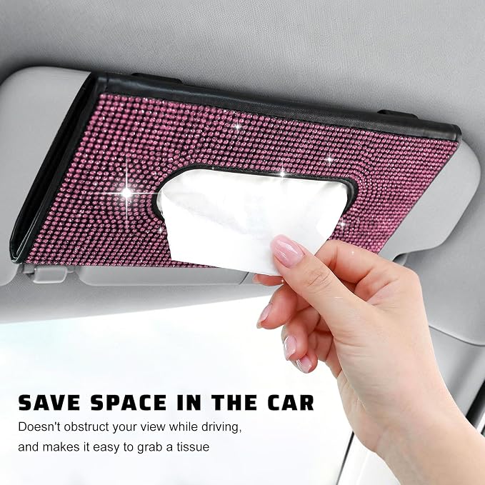 Bling Car Sun Visor Tissue Box Holder, Sparkling Auto Sun Visor Napkin Box Mask Holder, PU Leather Glitter Rhinestone Backseat Paper Towel Case for Cars Trucks SUVs (Pink)