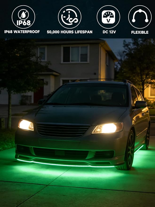 Car LED Strip Lights IP68 Waterproof Cuttable 24inch Green 4 Pcs | 12V Footwell & Underbody Lights, 5050 SMD Beads, Interior & Exterior Light, Fits SUVs, Trucks, Motorcycles, Boats, Golf Carts