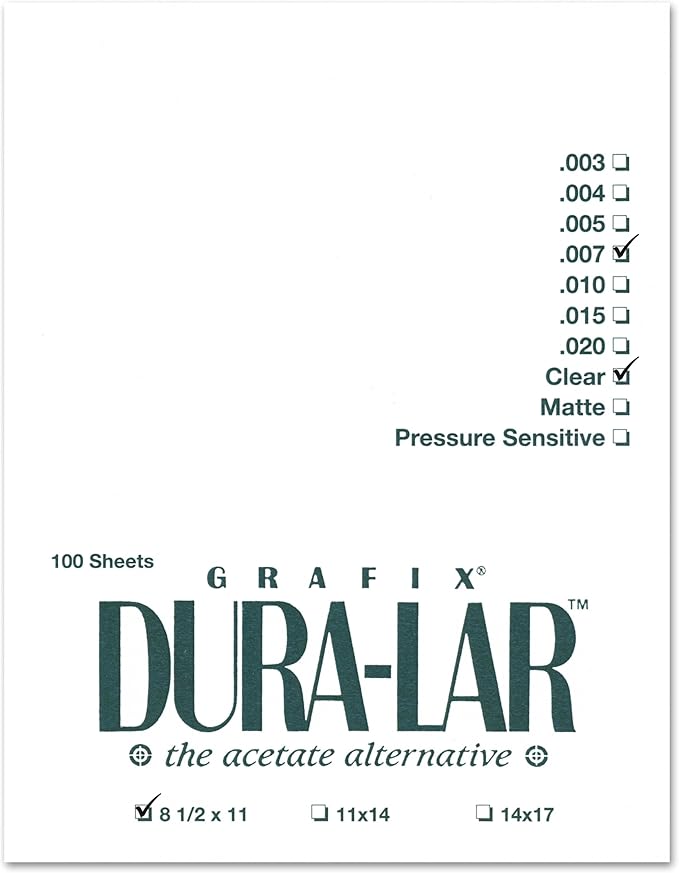 Grafix Dura-Lar 0.007" Film, Ultra Clear, Glossy 8.5"x11", Sheet, Mylar/Acetate Alternative for, Blank Stencils and Templates, Protection, Transparencies, Windows, Arts and Crafts, Pack of 100