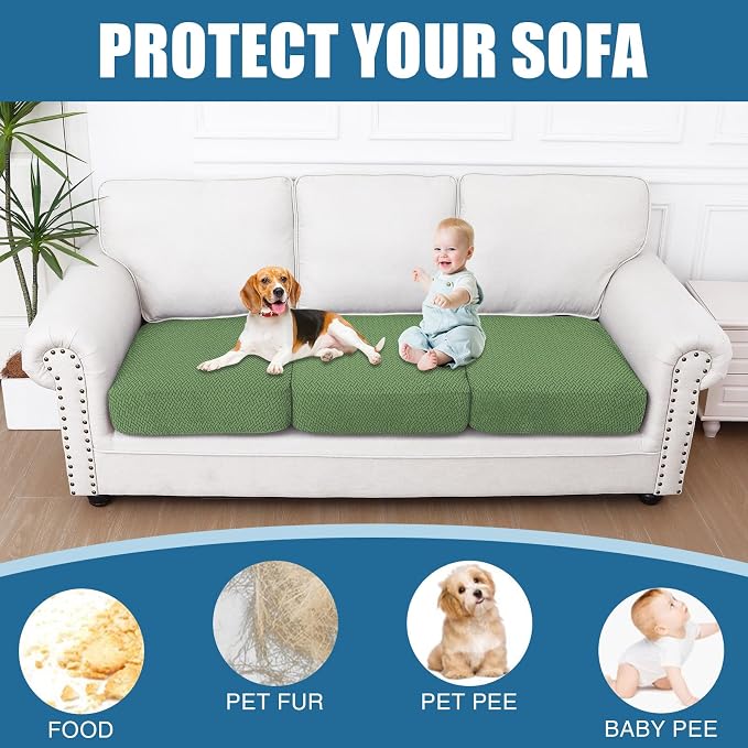 Smiry Waterproof Couch Cushion Covers, Stretch Jacquard Thick Sofa Cushion Covers, Washable Seat Slipcover Elastic Furniture Protector for Pets, Kid (3PC, Grass Green)