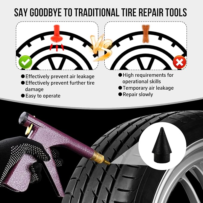 Tire Gun Plug Repair Kit Tire Gun Repair Kit Tire Plug Kit Heavy Duty Professional Car Tire Repair Kit with Plugs Tire Patch Kit Tire Puncture Repair Kit Tire Plug Repair Kit (Brown)