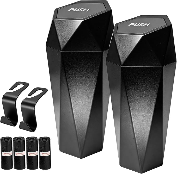 2 PCS Car Trash Can with Lid, Waterproof Diamond Design Auto Cup Holder Trash Bin, Leakproof Mini Garbage Organizer for Vehicle Home Office Kitchen Bedroom, Car Accessories (Black)