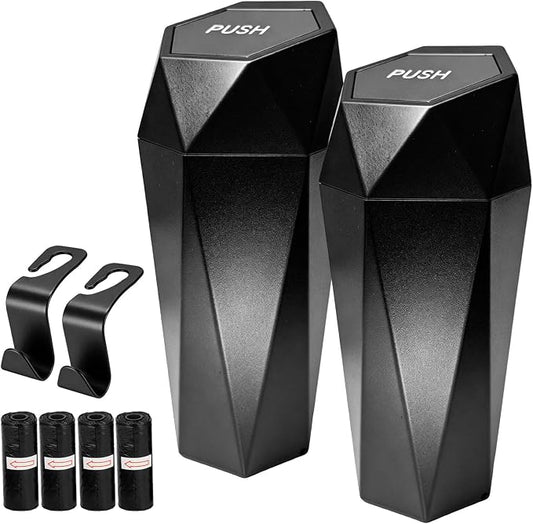 2 PCS Car Trash Can with Lid, Waterproof Diamond Design Auto Cup Holder Trash Bin, Leakproof Mini Garbage Organizer for Vehicle Home Office Kitchen Bedroom, Car Accessories (Black)