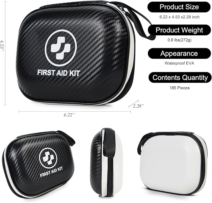 Small First Aid Kit - 185 Pieces Waterproof Emergency Kit for Home, Car, Travel, Camping, Hiking & Outdoor - Portable Hard Case Survival Kit with Premium Supplies(Black/White)