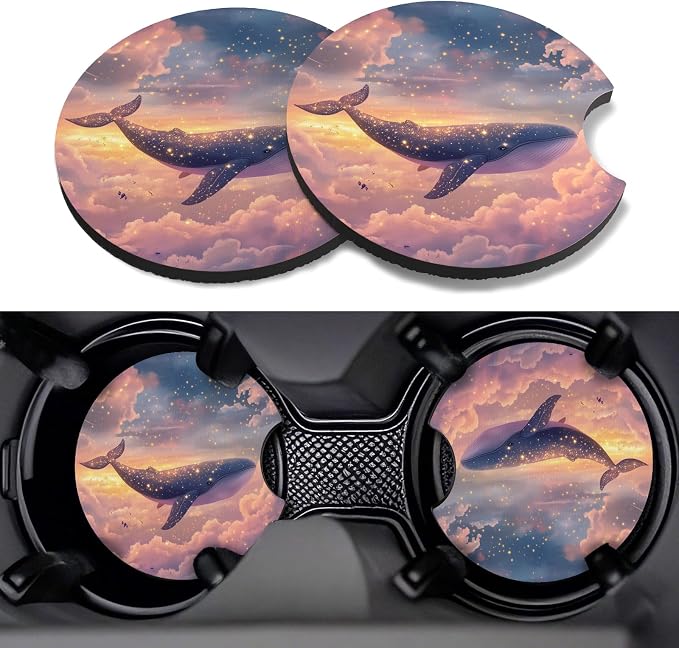 Car Cup Coasters,2 Pack Car Coaster,2.75inch Anti Slip and Absorbent Cars Coasters for Cup Holders,Neopren Accessories for Women,Cute Decor for Women (Pink Whale)