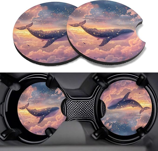 Car Cup Coasters,2 Pack Car Coaster,2.75inch Anti Slip and Absorbent Cars Coasters for Cup Holders,Neopren Accessories for Women,Cute Decor for Women (Pink Whale)