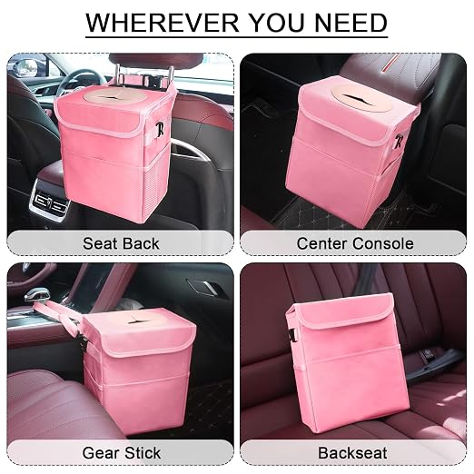 Car Trash Can Bin with Lid - Collapsible Car Garbage Can with Storage Pockets-Pink Mini Leakproof Vehicle Trash Bag-Small Automotive Organizers and Storage for Back/Front Seat SUV Truck Accessories