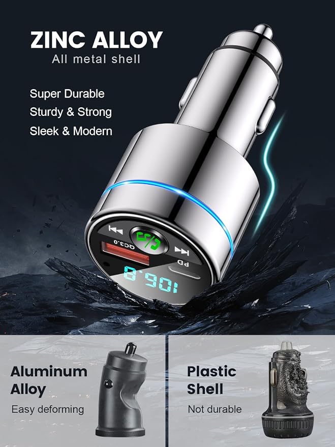 RIWUSI FM Transmitter for Car Bluetooth 5.3, [All-Metal] PD 30W & QC3.0 18W Fast Car Charger, Wireless FM Radio Kit Bluetooth Car Adapter, Noise Cancelling Hands-Free Call, Blue Light - Sliver