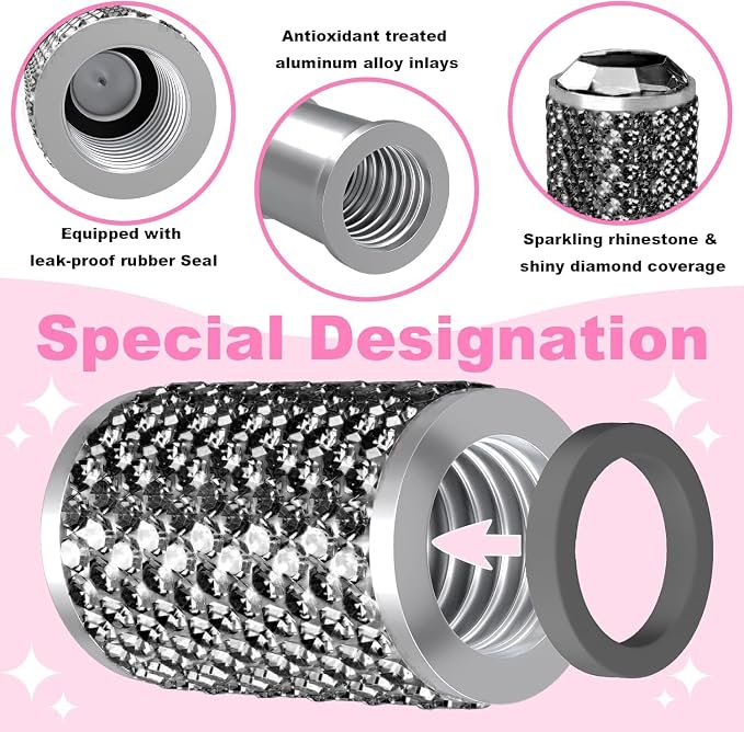 4Pcs Car Tire Valve Stem Caps, Bling Tire Air Cap for Car, Car Accessories for Women Universal Stem Covers, Anodized Aluminum Tires Valve Cap with O Rubber Ring, Crystal Diamond