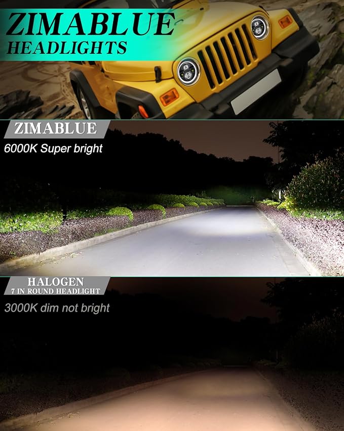 ZIMABLUE 7 inch led Headlight Round 2pc Projector 7 inch Halo led Headlight H6024 DOT Approved Hi/Lo Beam DRL Amber Turn Signal Compatible with Jeep Wrangler JK TJ CJ Compatible with Chevy and miata