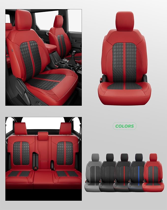 Custom Fit Leather Seat Covers for 2021-2026 Ford Bronco 4 Door | OEM fit, premium waterproof leather, full coverage, anti-slip, storage pockets, long-term durability, airbag compatible
