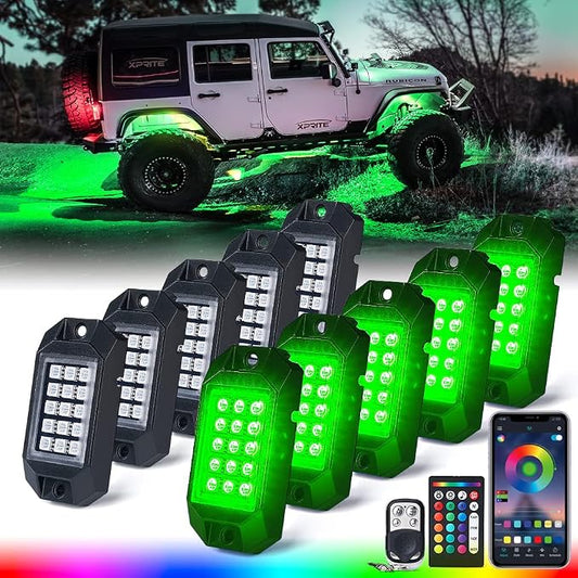Xprite Bluetooth LED Rock Lights Kit, Multicolor Neon Accent Music Visibility Lighting Underglow Kits with RF Controller for Off-Road, Trucks, Cars, UTV, ATV, SUV, RZR, Motorcycles, Boats - 10 PCS