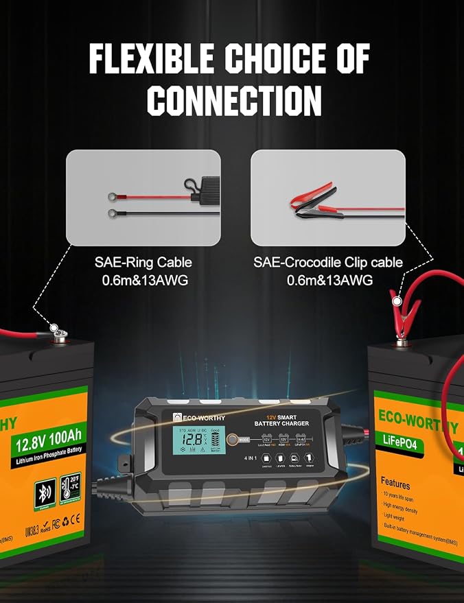 ECO-WORTHY 10A LiFePO4 Battery Charger 12V, Smart Lithium Battery Charger & Maintainer, Trickle Charger and Desulfator for Lead Acid, RV, Car, Motorcycle, Marine, Boat