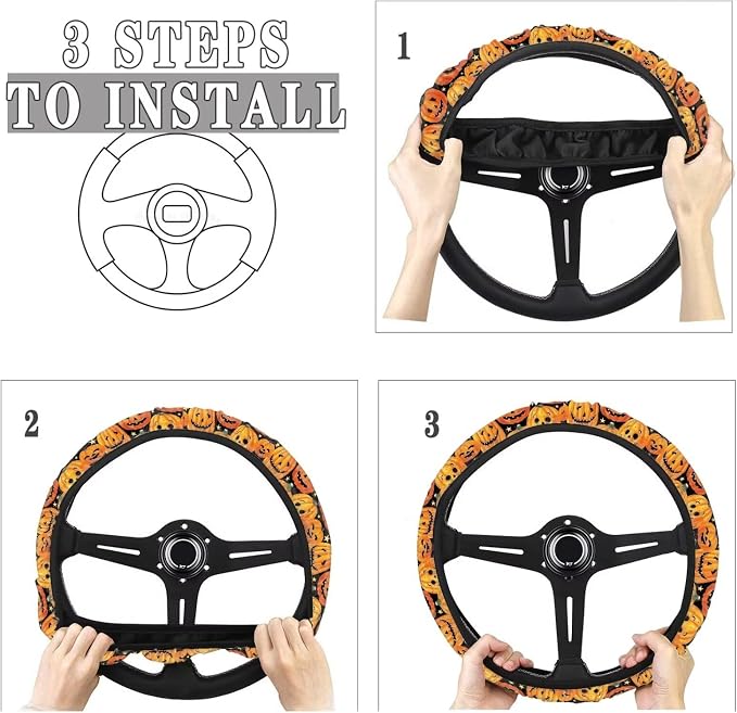 Wanyint Car Steering Wheel Cover Universal 15 Inch Non-Slip Comfortable Stretch Decorative Halloween Auto Steering Wheel Protector Automobile Accessories, Pumpkin Star