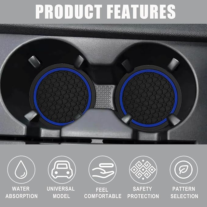 Car Cup Holder Coasters, Dustproof Automotive Interior Accessories Mat,2.75 Inch Non-Slip Insert Water Bottle Holder Pads, Universal for Vehicles, Trucks, RVs and More (Black/Blue, 2PCS)