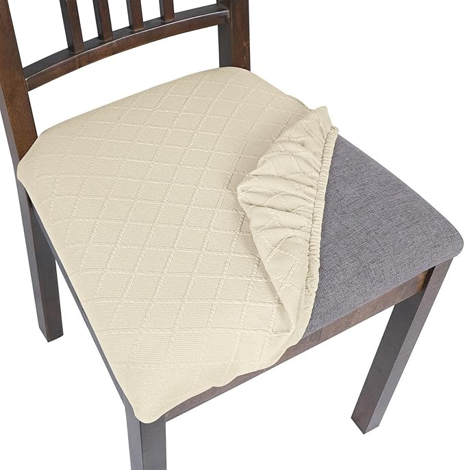 SearchI Seat Covers for Dining Room Chairs Stretch Jacquard Chair Seat Covers Set of 6, Removable Washable Upholstered Chair Seat Protector Cushion Slipcovers for Kitchen, Office(Beige Rhombus)