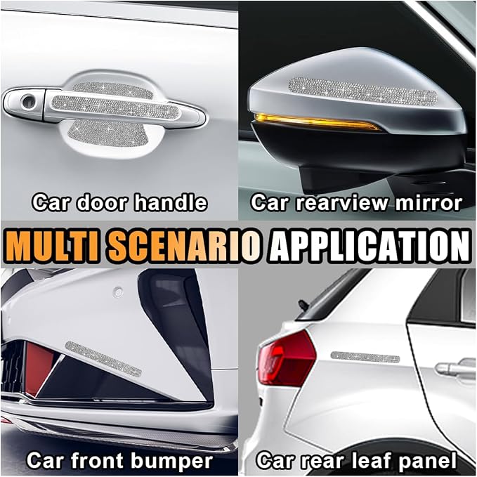 JOYCOURT 10PCS Bling Car Door Handle Anti-Scratch Sticker, White | Universal Car Door Handle Cup Protective Cover, Adhesive Door Bowl Sticker, Shiny Rhinestone Auto Decor Accessories for Women