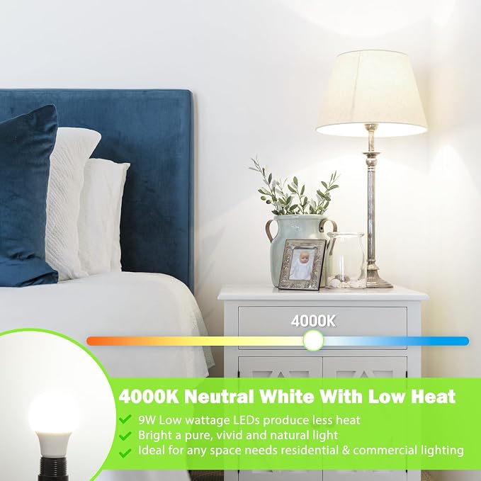 Maylaywood A19 LED Light Bulbs, 60 Watt Equivalent, 4000K Neutral White, 850LM, Non-Dimmable, E26 Base, 9W Bright White LED Bulbs, 4-Pack