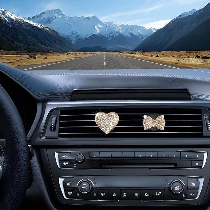 Bling Car Air Vent Clip, 2PCS Crystal Rhinestone Diamond Automotive Heart Shape Clip Charm, Cute Sparkling Vehicle Interior Decoration Accessories, Universal for SUV Sedan Trucks (Gold)