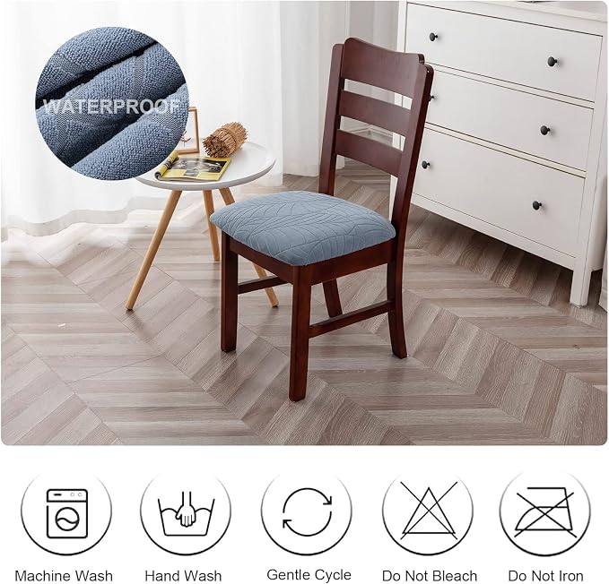 Genina Waterproof Seat Covers for Dining Room Chairs, Stretch Chair Covers Removable Washable Dinning Room Kitchen Chair Seat Cushion Slipcovers (Leaves-Light Blue, 6 PCS)