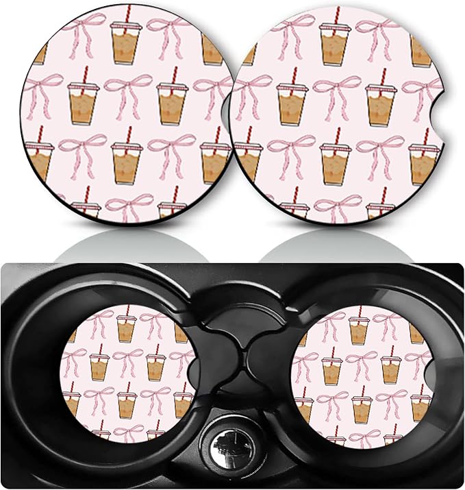2 Pack Iced Coffee Car Cup Holder Coasters Neoprene Anti Slip Rubber Mat | Iced Coffees Car Accessories Decor 2.75" Universal Size Insert Auto Coasters Coffee Gifts for Women Men
