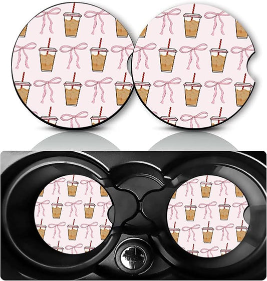 2 Pack Iced Coffee Car Cup Holder Coasters Neoprene Anti Slip Rubber Mat | Iced Coffees Car Accessories Decor 2.75" Universal Size Insert Auto Coasters Coffee Gifts for Women Men