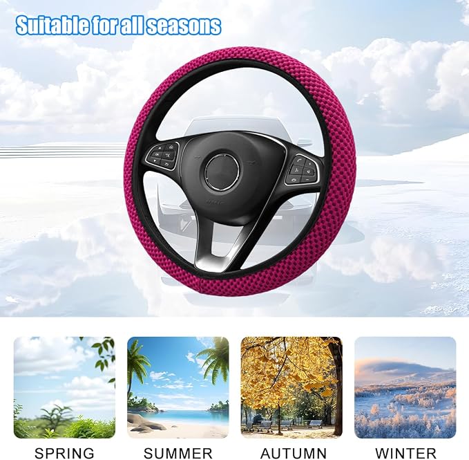 Car Elastic Stretch Steering Wheel Cover, 14.5-15" Breathable Ice Silk Anti-Slip Vehicle Steering Wheel Protector, Comfy Auto Interior Protection Accessories, Universal Fit (Rose Red)