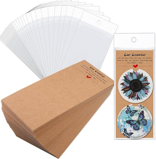 100PCS Car Coasters Packaging for Selling, Sublimation Blanks Car Coaster | Sublimation Display Card Set with Bags and Brown Cards 6.8 x 2.9 Inch,Heat Press Machines Accessories (Brown)