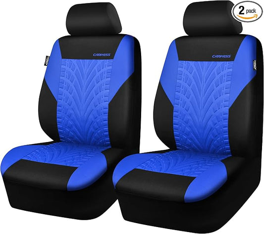 CAR PASS Car Seat Covers Two Front Only for Car, 3D Tyre Print Automotive Interior Covers, Airbag Compatible, Quick Setup Universal Fit Seat Covers for Car, Truck, SUV(Black and Blue)