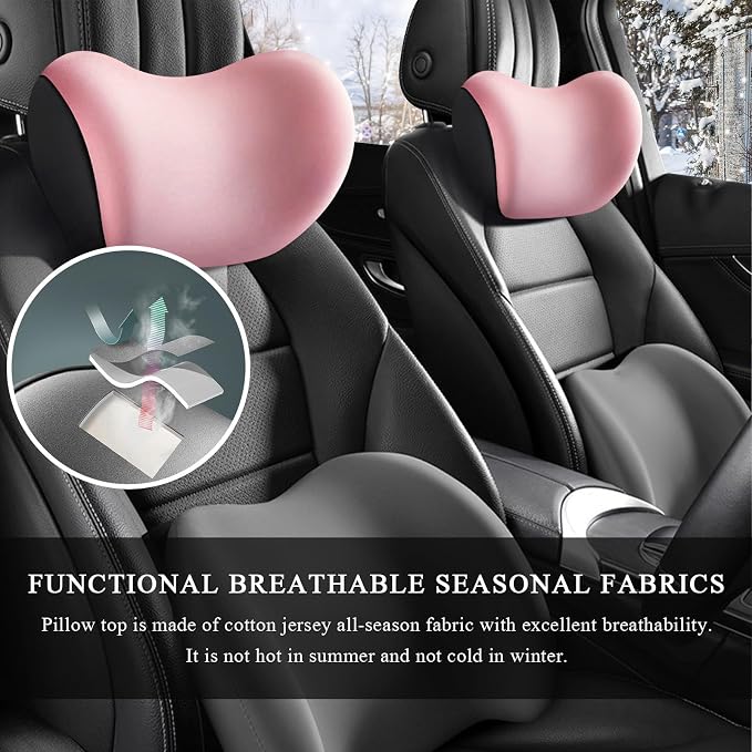 2 PCS Car Headrest Cushion, Ergonomic Memory Foam Car Neck Back Support w/Removable Cover, Universal Breathable Lumbar Cushion Headrest Pillow with Adjusatble Strap (Pink)