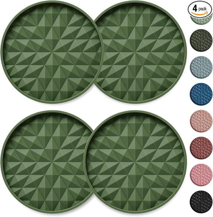 Car Coasters for Cup Holders [4 Pack] 3.15in Non-Slip Silicone Mats, Olive Green