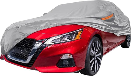 Silver Tone Heavy Duty Waterproof Car Cover for Sedan 201"-207" - All-Weather UV Protected Outdoor Full Exterior Cover with Sun/Snow/Rain Resistance