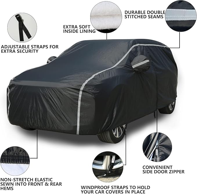 Tecoom SUV Car Cover Waterproof All Weather, Hail Protector for Automobiles w/Zipper Door, Cotton Backing UV Protection Car Covers Outdoor Indoor, Snowproof Universal Car Tarp Fit for 191"-205" SUV