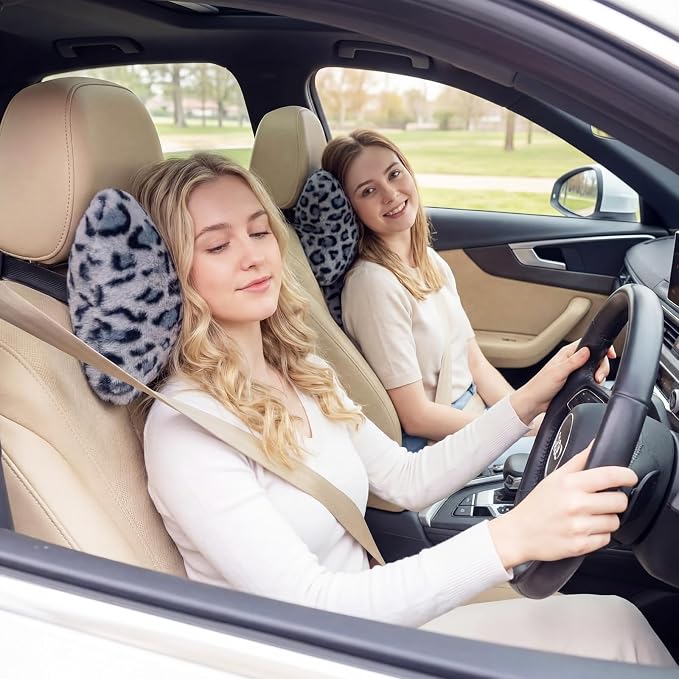 Macarrie 2 Pcs Car Neck Pillow Plush Butterfly Bow Car Headrest Pillow Comfortable Seat Neck Support Cute Head Rest Accessories for Driving Travel Driver Chair Girl Interior Decor(Blue,Leopard)
