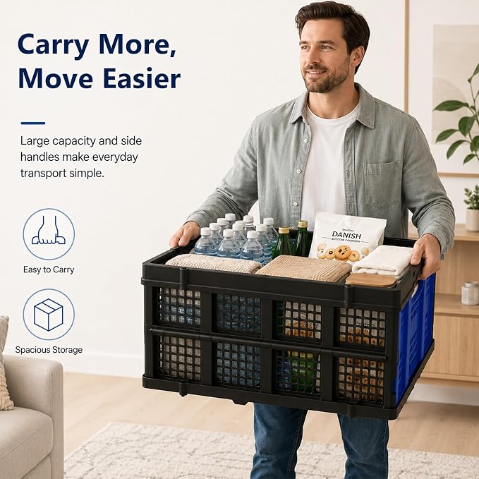 Collapsible Storage Crates 3 Pack, Stackable Foldable Storage Bins for Garage, Car Trunk, Warehouse & Home Organization, Heavy Duty Plastic Utility Crates, 49L, Blue