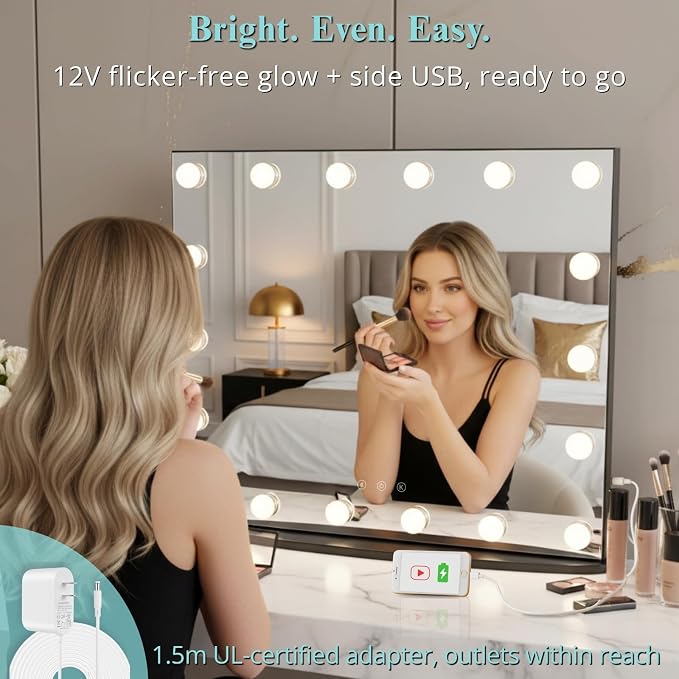 LUXFURNI Vanity Mirror with Lights, 23.6" Hollywood Makeup Mirror Black
