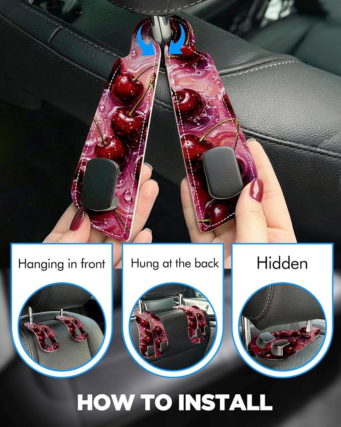 WOCOCN Purse Holder for Car, 2 Pack Heavy Duty Purse Hanger for Car, PU Leather Car Seat Hooks for Purses and Bags, Cute Cherry Headrest Organizer for Handbags & Backpacks